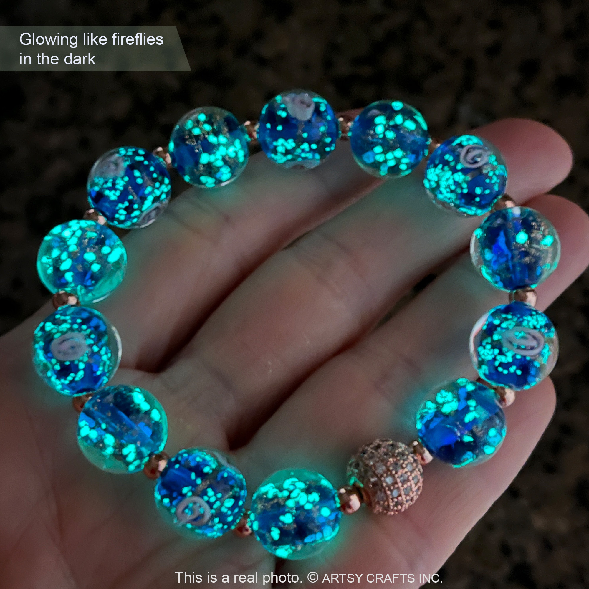 Artsy Crafts Glow in The Dark Beads Bracelet 6-7 inch, Sapphire Blue Firefly Beads Stretch Bracelet for Women, Luminous Murano Glass Beads Healing